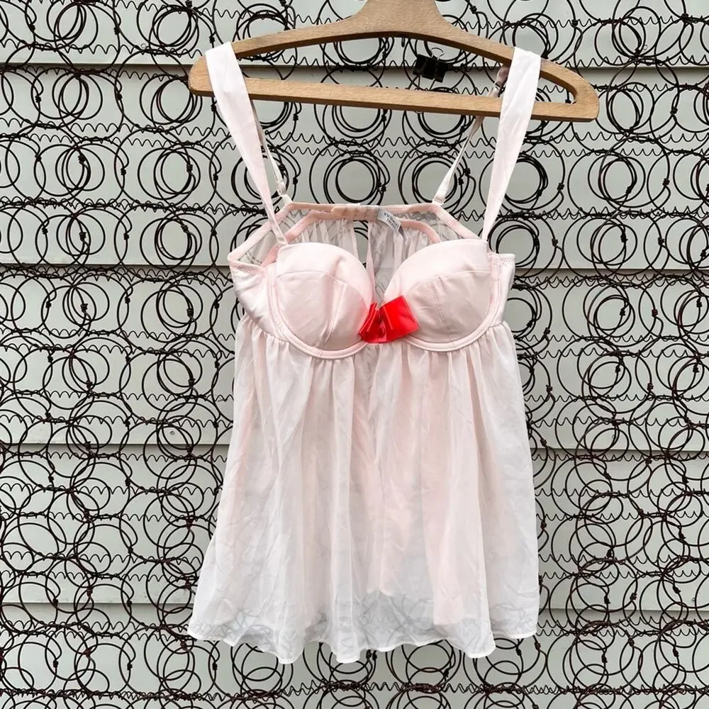 Y2K Victoria’s Secret pink sheer bra tulle open back teddy nightie neglige 34B